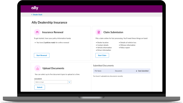 image of a laptop screen displaying the Ally Dealership Insurance portal homepage