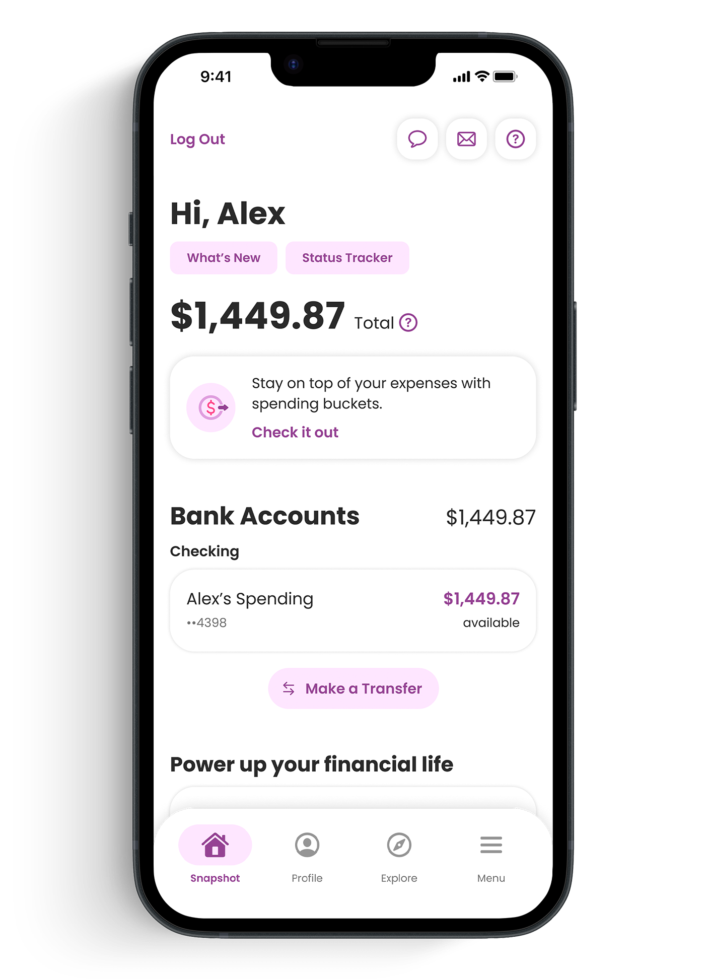A phone screen showing the Ally Snapshot dashboard with a Spending Account