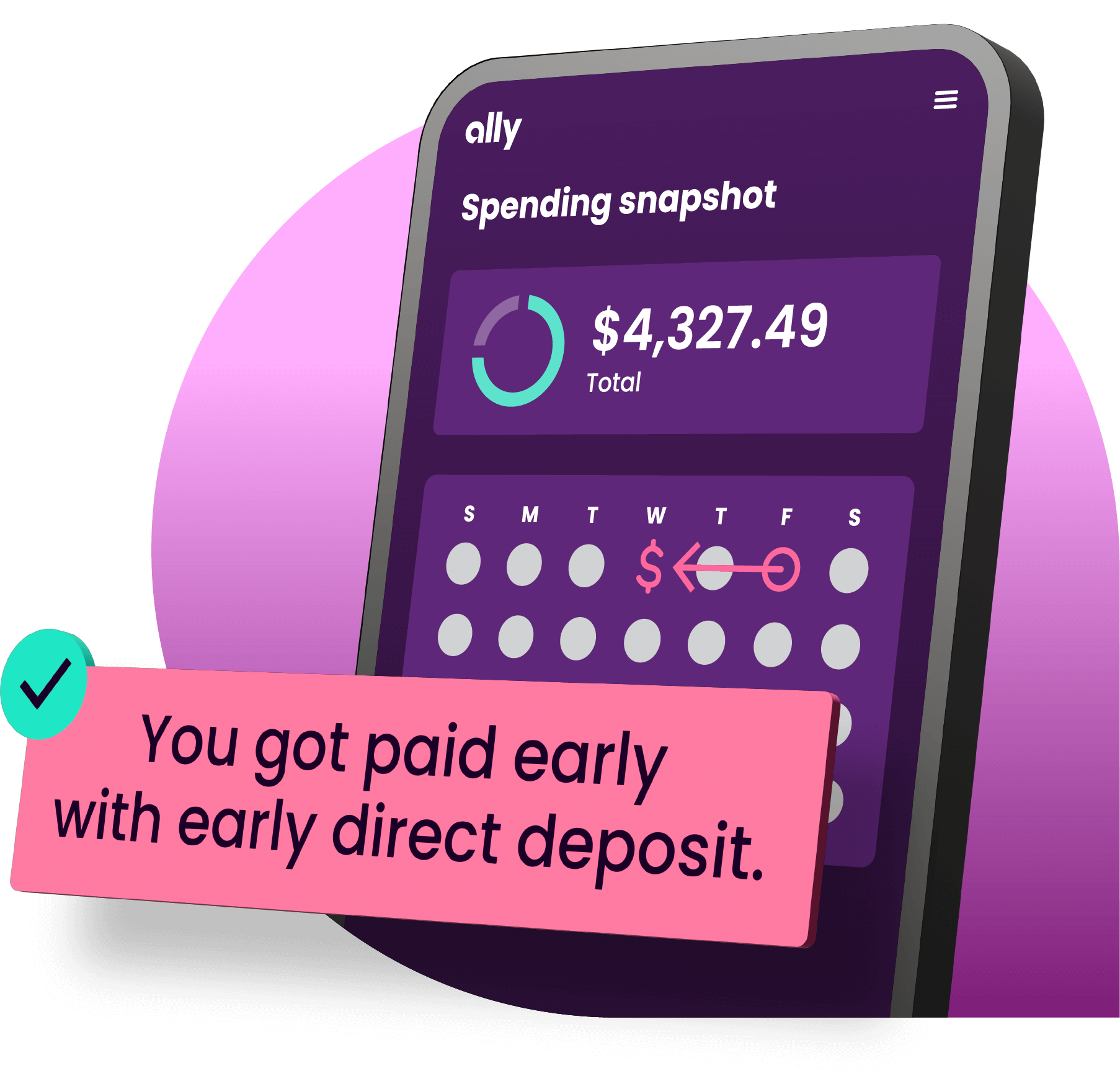 A phone screen depicting a calendar with the text “You got paid early with early direct deposit.”